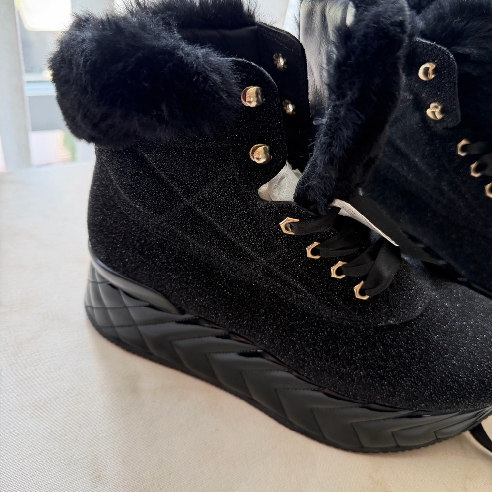 Hogan Black Faux Fur Lace-Up Wedge Sneakers